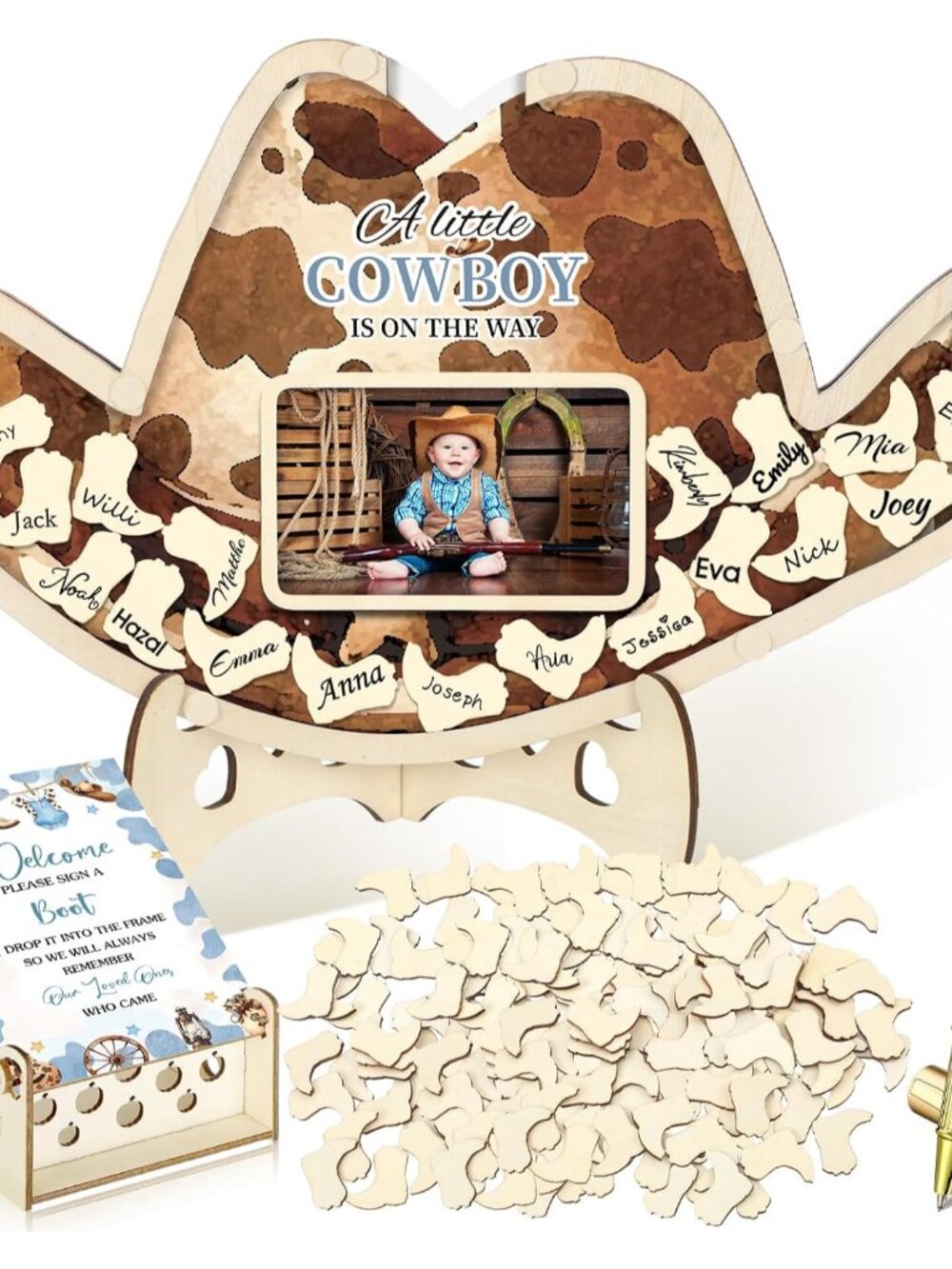 63 Pcs Cowboy Baby Shower Guest Book,Brown